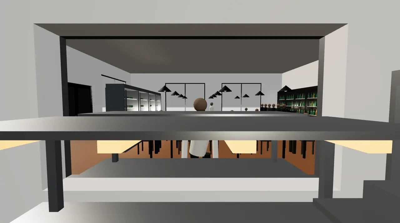 Il locale visto dagli occhi dello chef fermo al pass, con la sala oltre l'apertura
