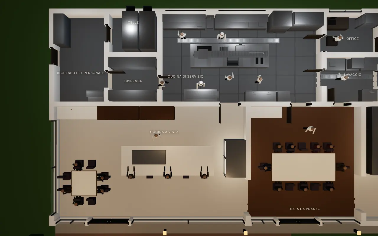 Le due cucine di una villa viste dall'alto: la cucina di servizio dietro il muro e la cucina a vista con l'isola